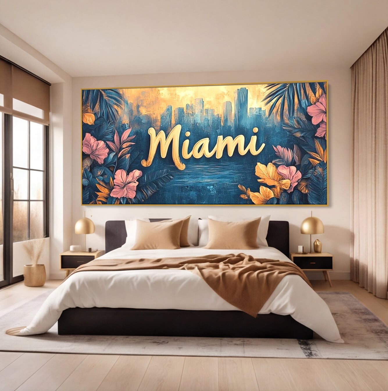 Tablou canvas cu tablou canvas cu peisaj urban miami, in rama de aluminiu auriu, pe perete intr-un dormitor